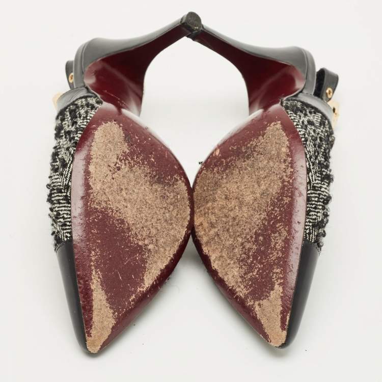 Pre Owned Louis Vuitton Size 36 Black/White Leather and Tweed Slingback Pumps