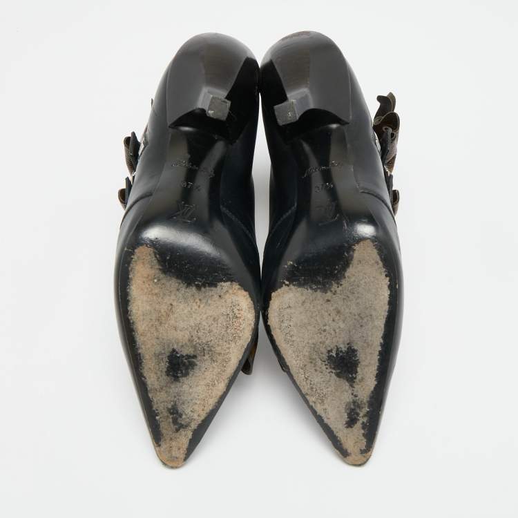 Pre Owned حذاء بوت كاحل لويس فيتون قماش مزخرف وبني وأسود وجلد مقاس 37.5