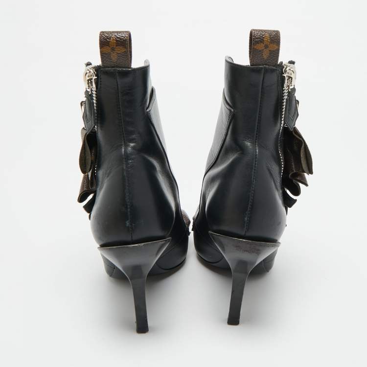 Pre Owned حذاء بوت كاحل لويس فيتون قماش مزخرف وبني وأسود وجلد مقاس 37.5