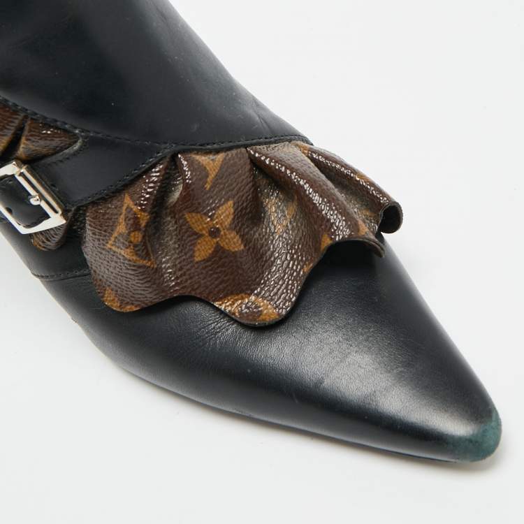 Pre Owned حذاء بوت كاحل لويس فيتون قماش مزخرف وبني وأسود وجلد مقاس 37.5