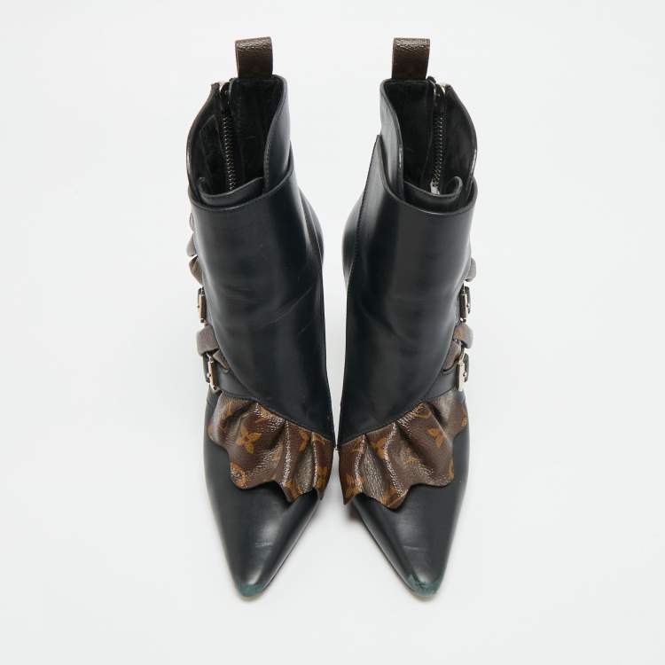 Pre Owned حذاء بوت كاحل لويس فيتون قماش مزخرف وبني وأسود وجلد مقاس 37.5