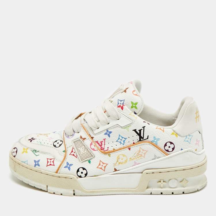 Pre Owned Louis Vuitton LV Trainer Size 37.5 Multicolor Monogram Leather Lace Up Sneakers
