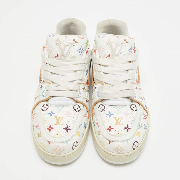 Pre Owned Louis Vuitton LV Trainer Size 37.5 Multicolor Monogram Leather Lace Up Sneakers