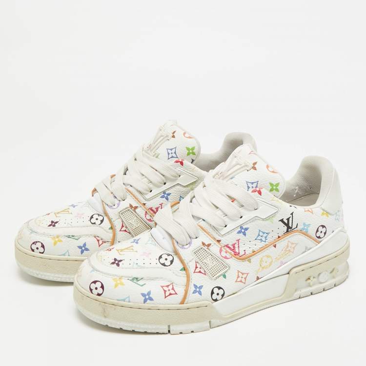 Pre Owned Louis Vuitton LV Trainer Size 37.5 Multicolor Monogram Leather Lace Up Sneakers