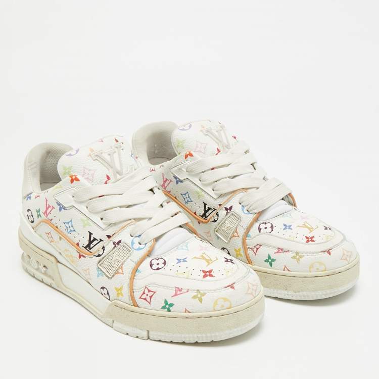 Pre Owned Louis Vuitton LV Trainer Size 37.5 Multicolor Monogram Leather Lace Up Sneakers