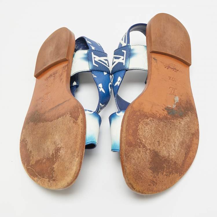 Pre Owned Louis Vuitton Size 37.5 Blue Monogram Coated Canvas Slingback 