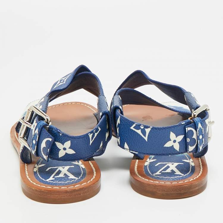 Pre Owned Louis Vuitton Size 37.5 Blue Monogram Coated Canvas Slingback 