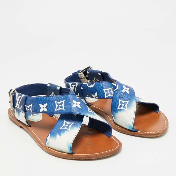 Pre Owned Louis Vuitton Size 37.5 Blue Monogram Coated Canvas Slingback 