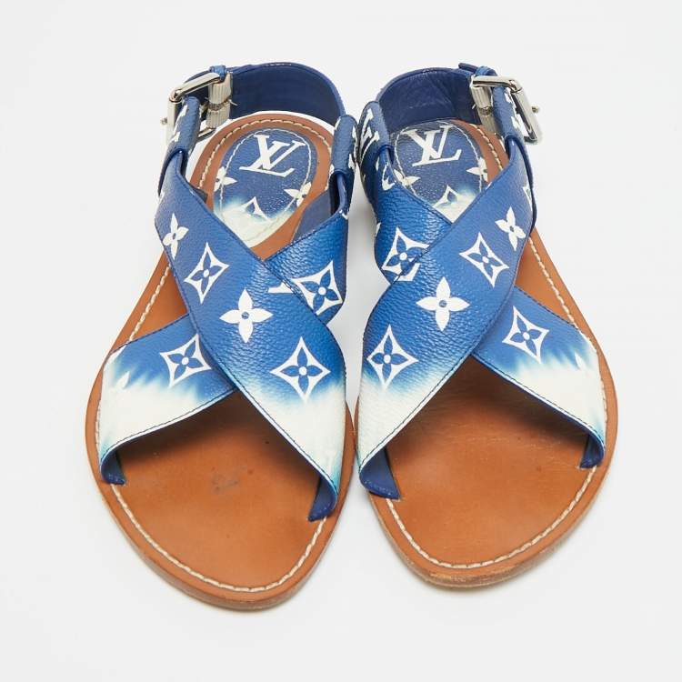 Pre Owned Louis Vuitton Size 37.5 Blue Monogram Coated Canvas Slingback 