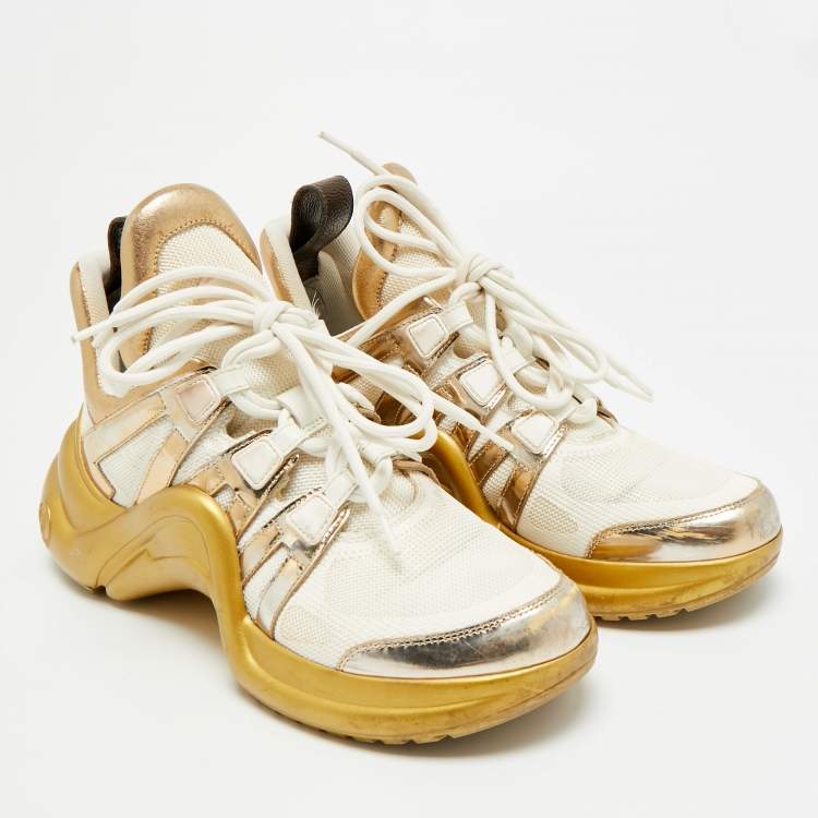 Pre Owned Louis Vuitton Archlight Size 39 White/Gold Leather and Mesh High Top Sneakers