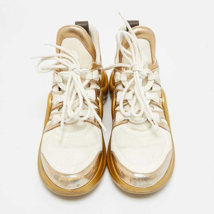 Pre Owned Louis Vuitton Archlight Size 39 White/Gold Leather and Mesh High Top Sneakers
