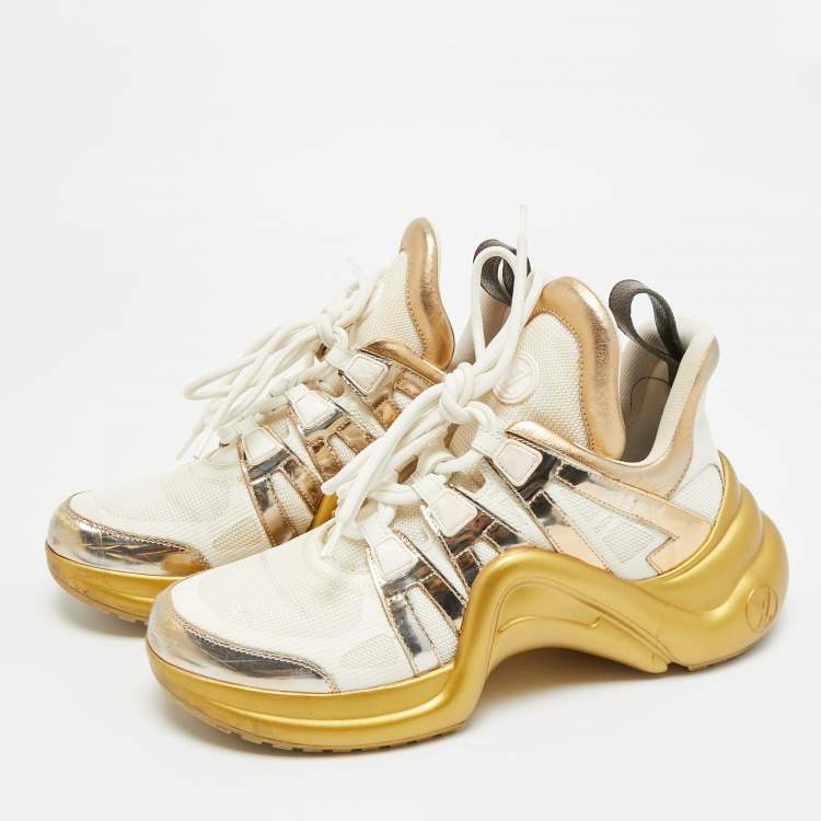 Pre Owned Louis Vuitton Archlight Size 39 White/Gold Leather and Mesh High Top Sneakers