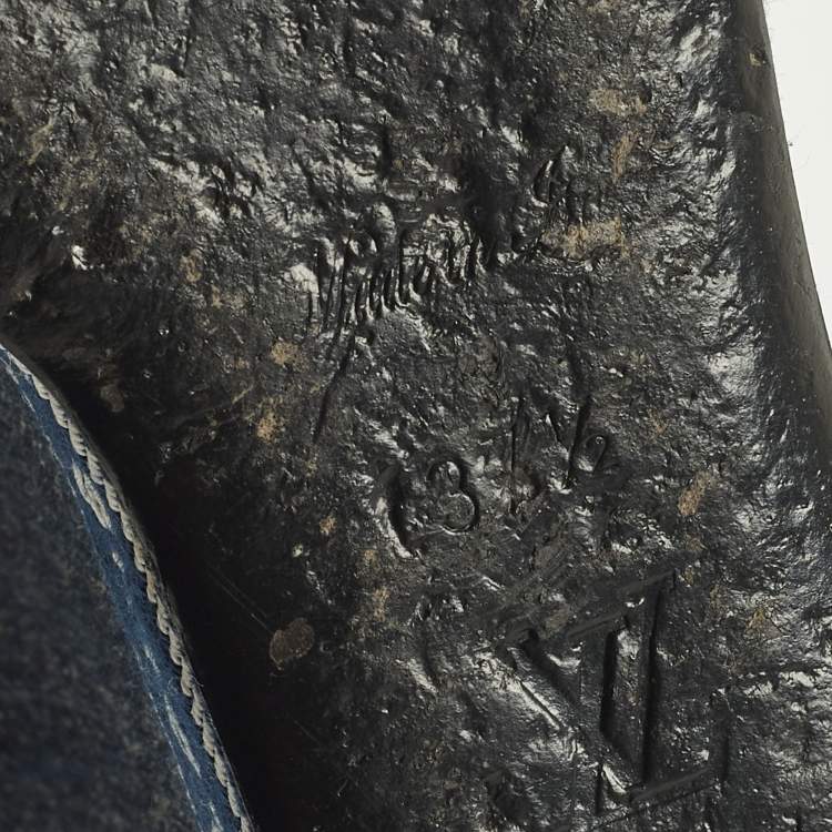 مملوكة مسبقًا Louis Vuitton Size 37.5 Navy Blue Denim and Leather Wedge Slingback Sandals