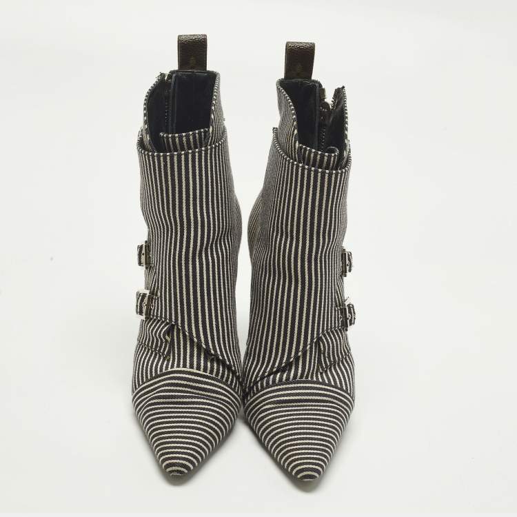 Pre Owned Louis Vuitton Size 37.5 Black/White Canvas Ankle Length Boots