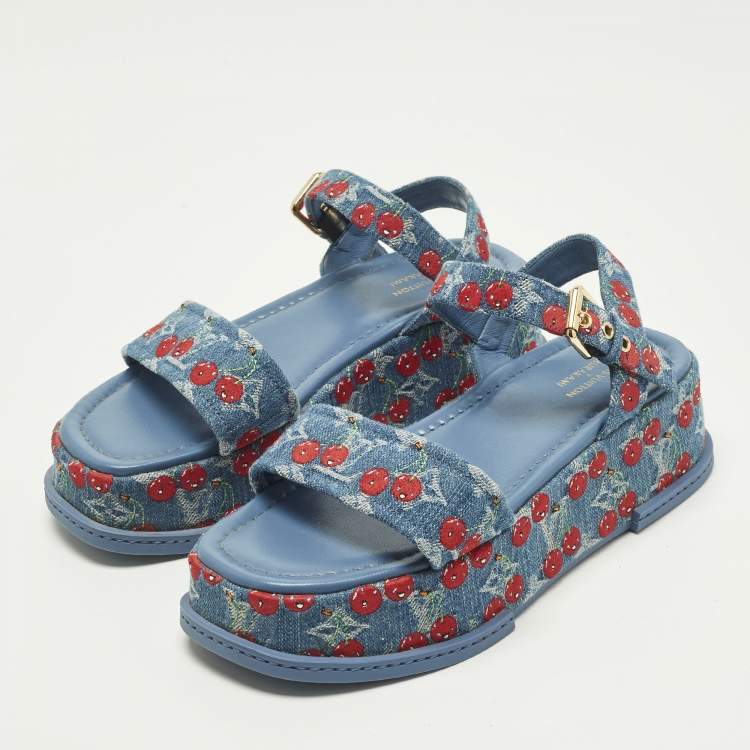 Pre Owned Louis Vuitton Maya Size 38 Blue Denim Platform Ankle Strap Sandals