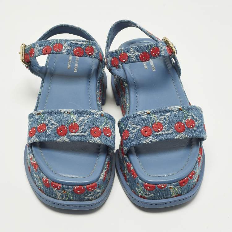 Pre Owned Louis Vuitton Maya Size 38 Blue Denim Platform Ankle Strap Sandals