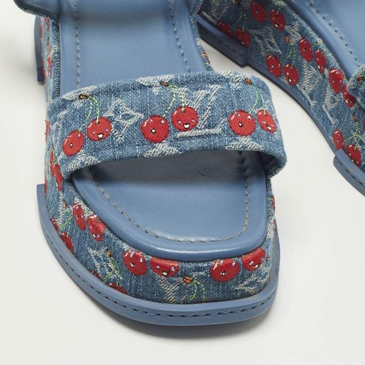 Pre Owned Louis Vuitton Maya Size 38 Blue Denim Platform Ankle Strap Sandals