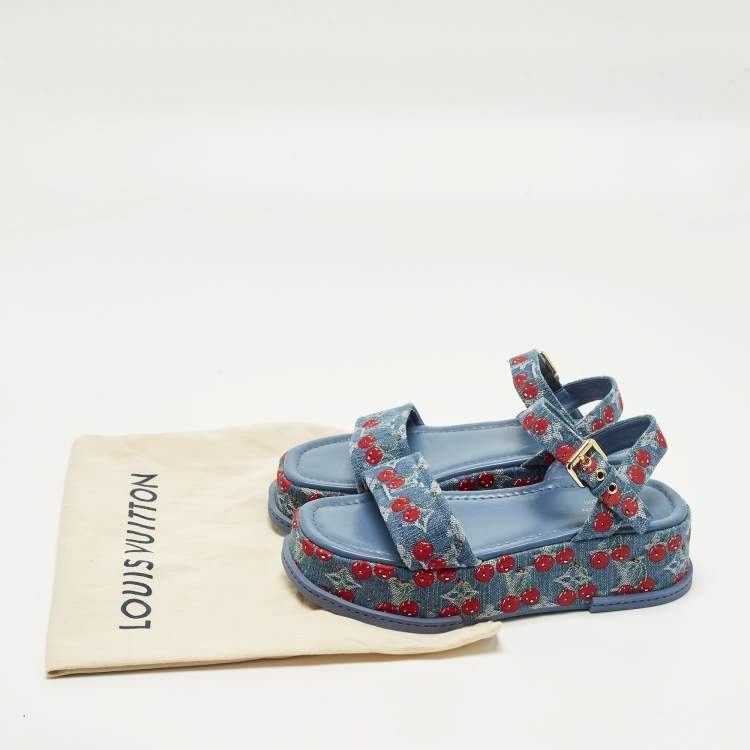 Pre Owned Louis Vuitton Maya Size 38 Blue Denim Platform Ankle Strap Sandals