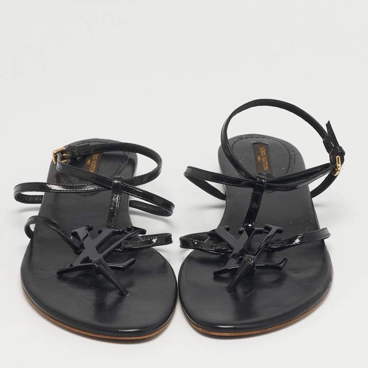 Pre Owned Louis Vuitton Size 38.5 Black Patent Leather Ankle Strap Sandals