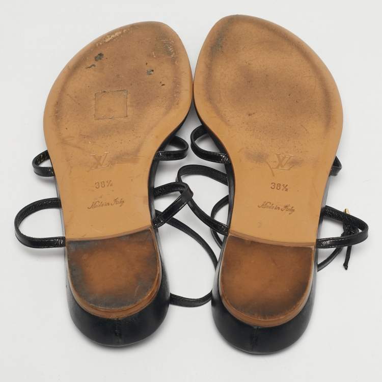 Pre Owned Louis Vuitton Size 38.5 Black Patent Leather Ankle Strap Sandals