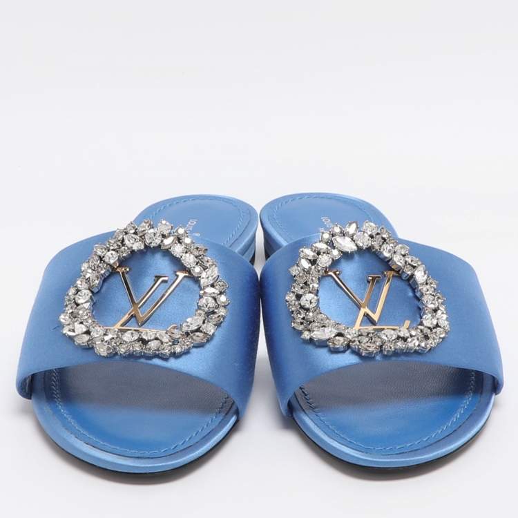 Pre Owned Louis Vuitton Madeleine Size 37 Blue Satin Flat Slides 
