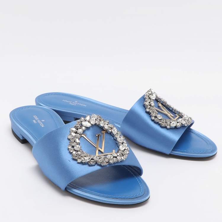Pre Owned Louis Vuitton Madeleine Size 37 Blue Satin Flat Slides 
