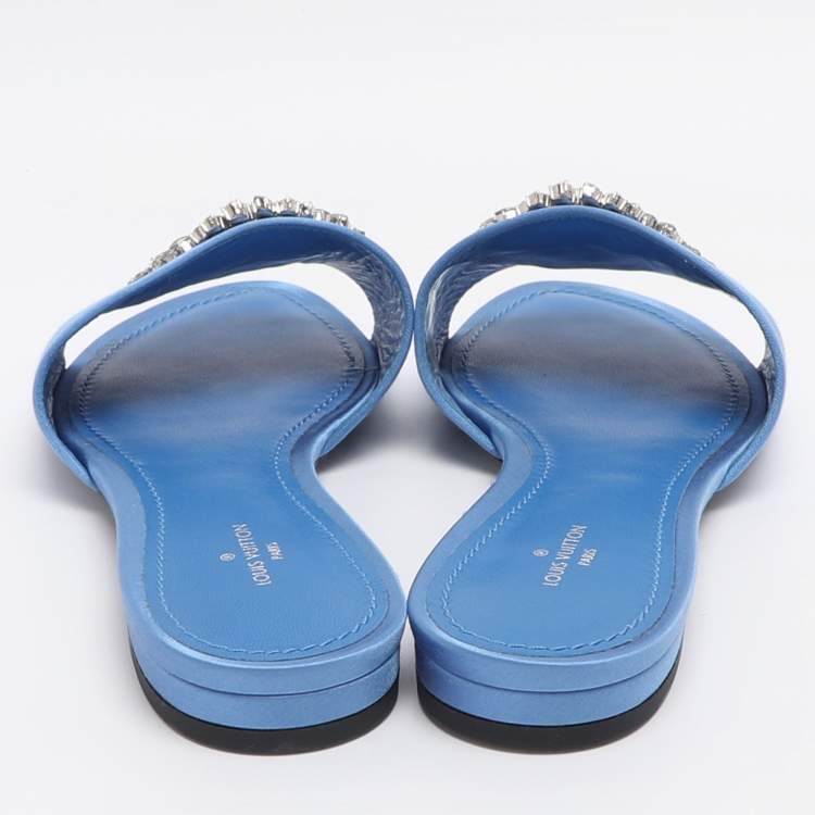 Pre Owned Louis Vuitton Madeleine Size 37 Blue Satin Flat Slides 