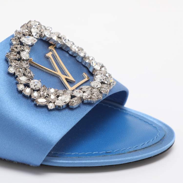 Pre Owned Louis Vuitton Madeleine Size 37 Blue Satin Flat Slides 