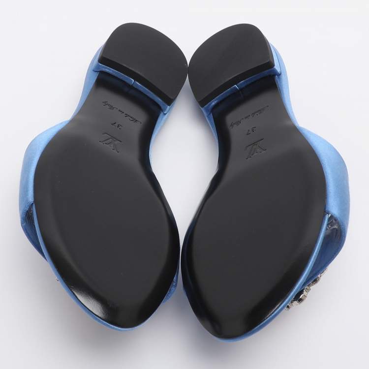 Pre Owned Louis Vuitton Madeleine Size 37 Blue Satin Flat Slides 