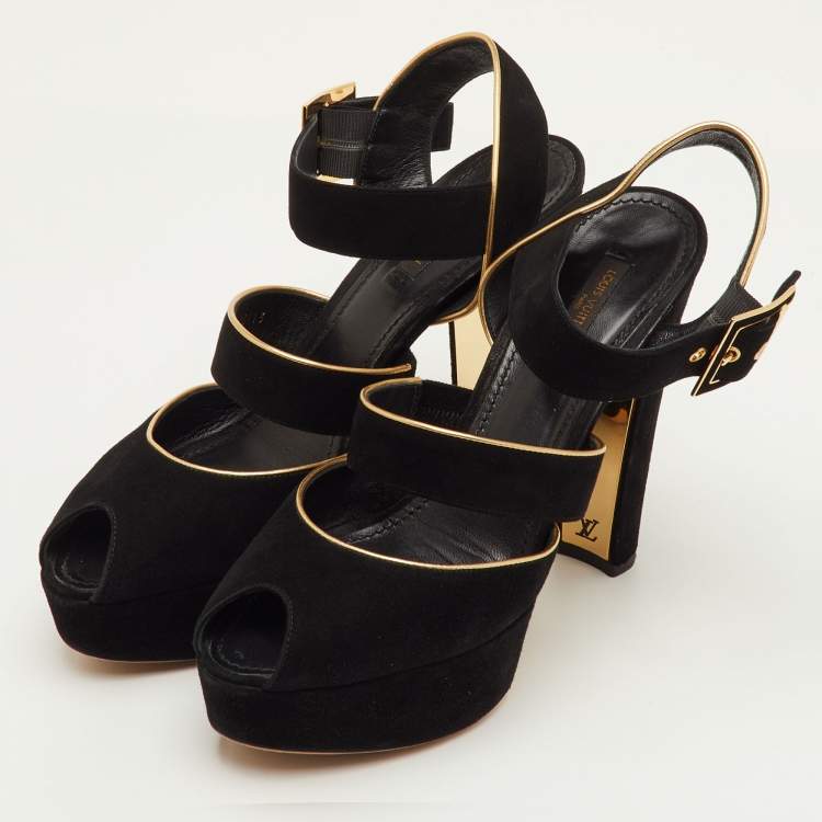 Pre Owned Louis Vuitton Mowani Size 39.5 Black Suede Peep Toe Platform Sandals