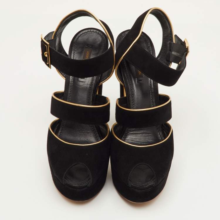 Pre Owned Louis Vuitton Mowani Size 39.5 Black Suede Peep Toe Platform Sandals