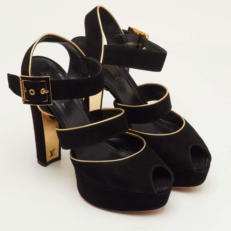 Pre Owned Louis Vuitton Mowani Size 39.5 Black Suede Peep Toe Platform Sandals