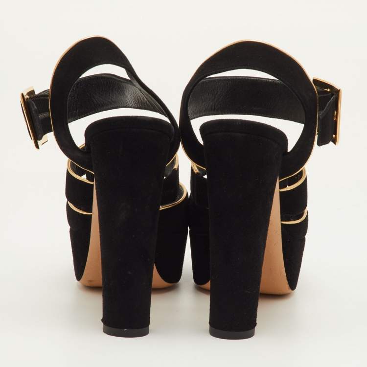 Pre Owned Louis Vuitton Mowani Size 39.5 Black Suede Peep Toe Platform Sandals