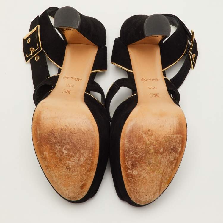Pre Owned Louis Vuitton Mowani Size 39.5 Black Suede Peep Toe Platform Sandals