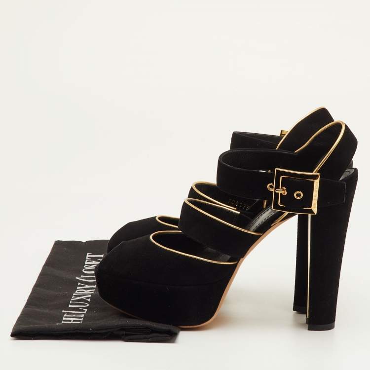 Pre Owned Louis Vuitton Mowani Size 39.5 Black Suede Peep Toe Platform Sandals