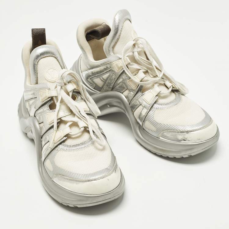 Pre Owned Louis Vuitton Archlight Size 40 White Foil Leather, Leather and Mesh High Top Sneakers