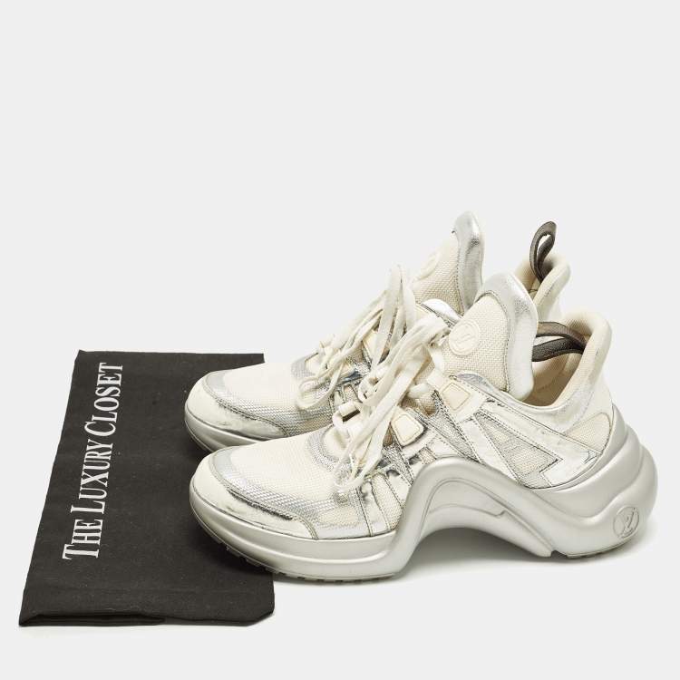 Pre Owned Louis Vuitton Archlight Size 40 White Foil Leather, Leather and Mesh High Top Sneakers