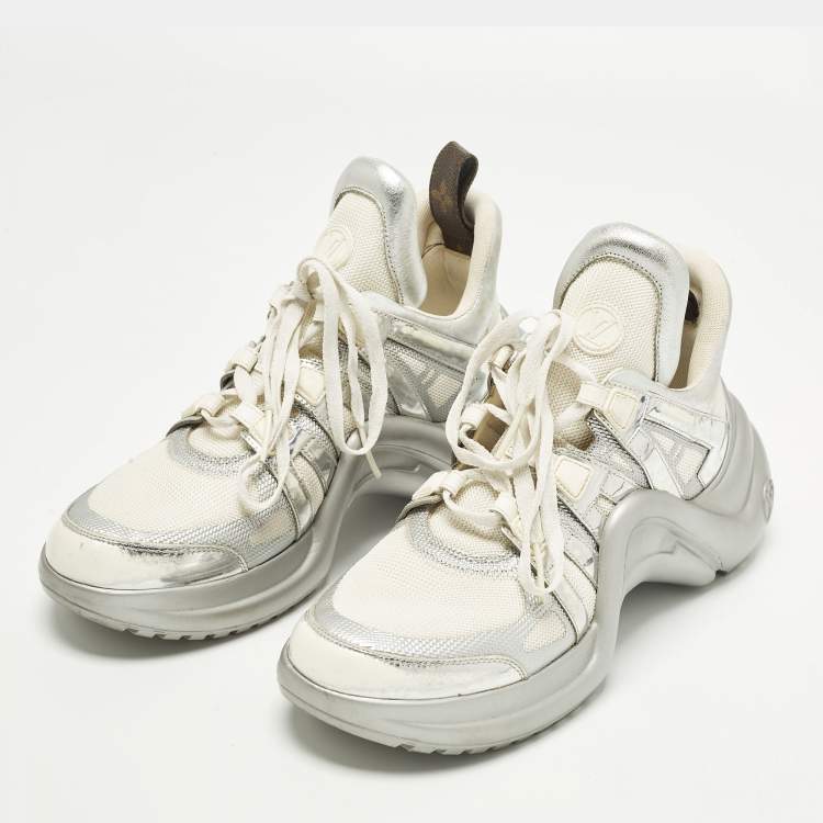 Pre Owned Louis Vuitton Archlight Size 40 White Foil Leather, Leather and Mesh High Top Sneakers