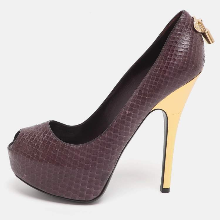 Pre Owned Louis Vuitton Oh Really! Size 37 Burgundy Python Leather Peep Toe Pumps