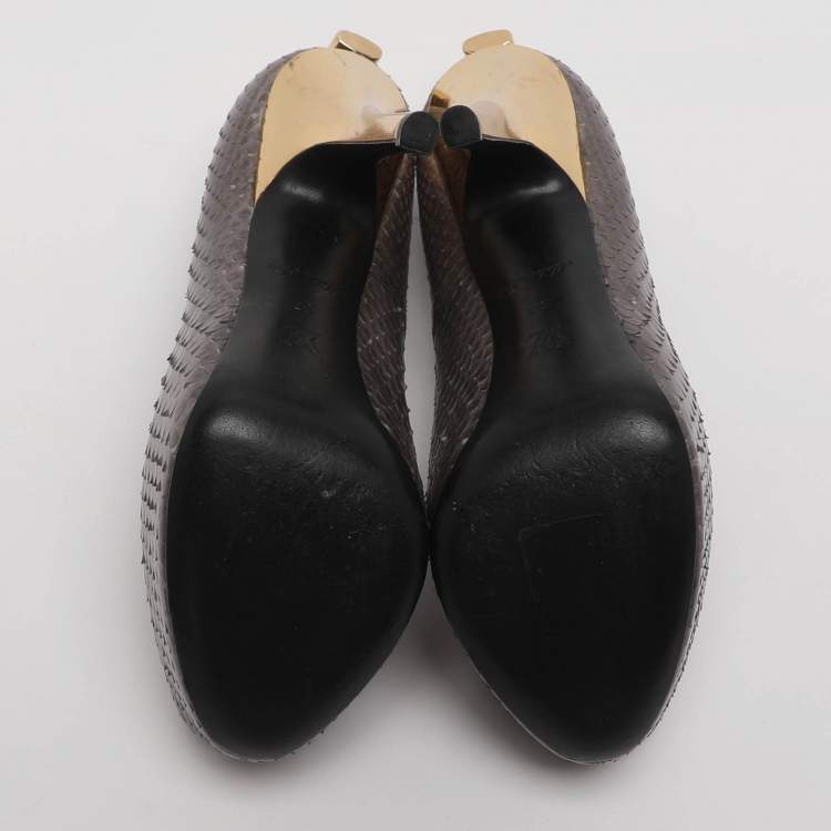 Pre Owned Louis Vuitton Oh Really! Size 37 Grey Python Leather Peep Toe Pumps