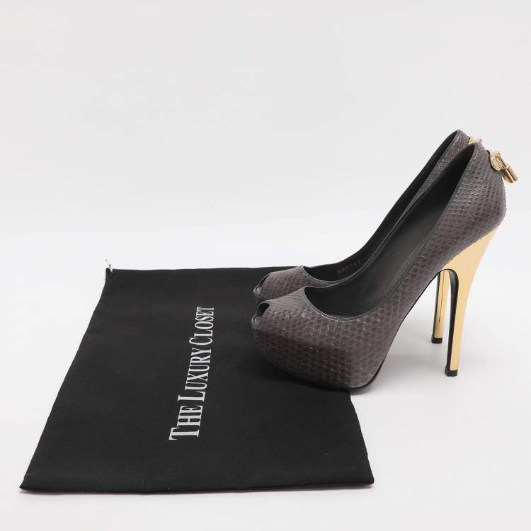 Pre Owned Louis Vuitton Oh Really! Size 37 Grey Python Leather Peep Toe Pumps
