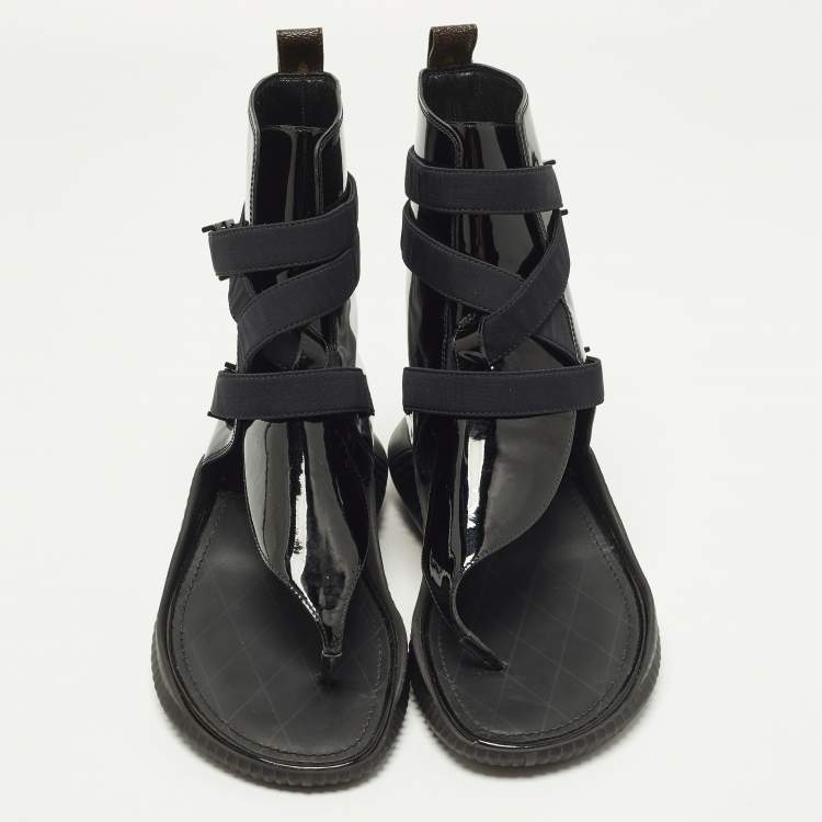 مملوكة مسبقًا Louis Vuitton Bahia Brazil Size 38.5 Black/Brown Monogram Canvas and Patent Leather Flat Sandals