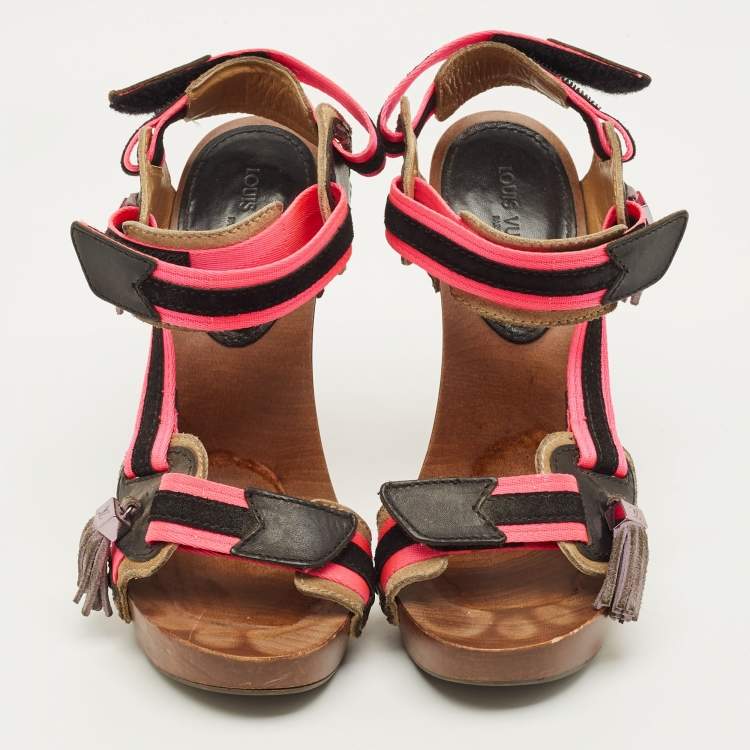 Pre Owned Louis Vuitton Size 39 Multicolor Leather and Suede Tassels Fringe Ankle Strap Sandals