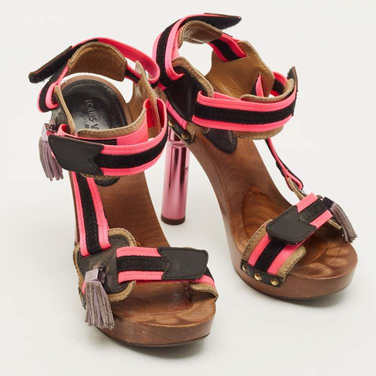 Pre Owned Louis Vuitton Size 39 Multicolor Leather and Suede Tassels Fringe Ankle Strap Sandals
