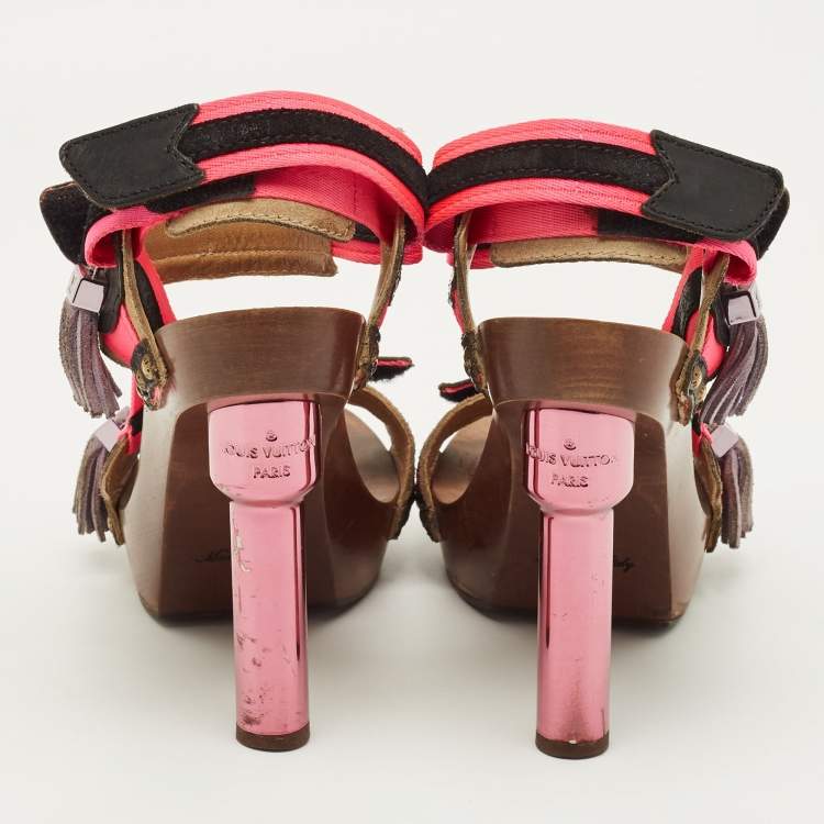 Pre Owned Louis Vuitton Size 39 Multicolor Leather and Suede Tassels Fringe Ankle Strap Sandals