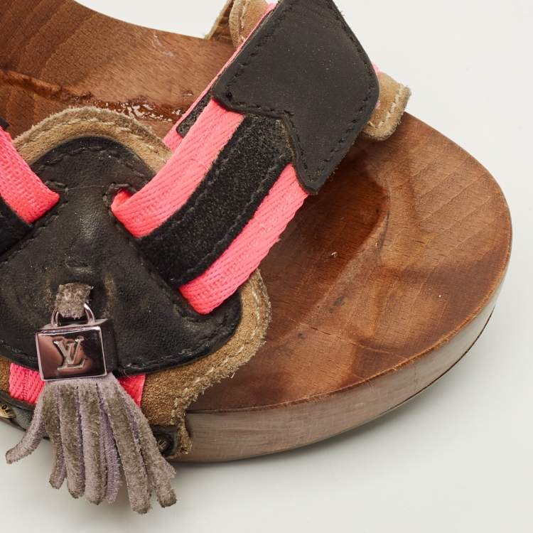 Pre Owned Louis Vuitton Size 39 Multicolor Leather and Suede Tassels Fringe Ankle Strap Sandals