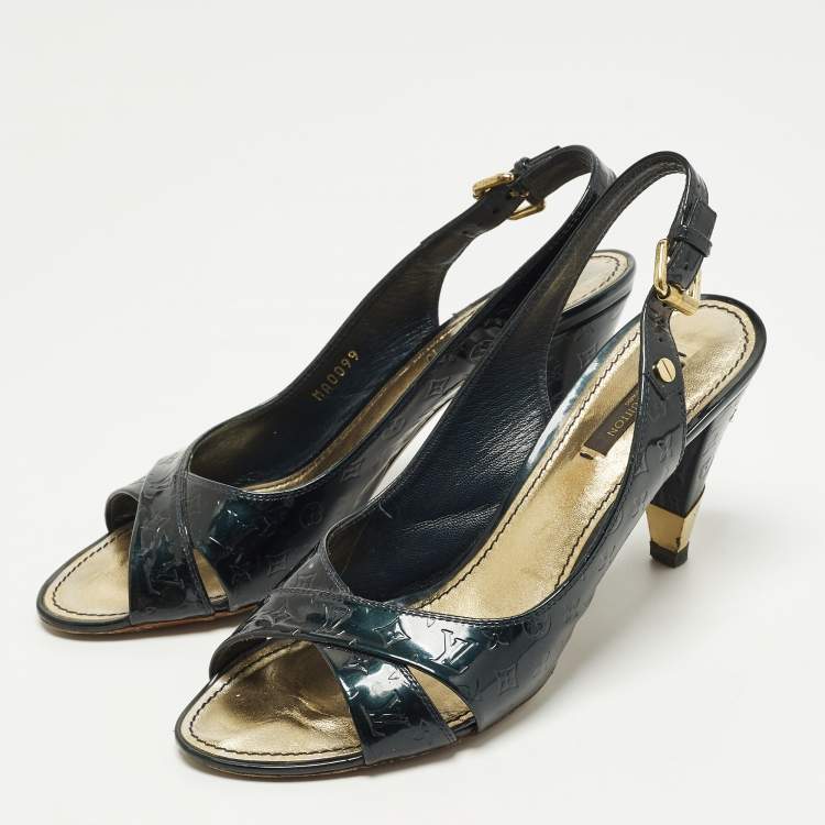 Pre Owned Louis Vuitton Vernis Size 39 Dark Green Monogram Patent Leather Slingback Pumps