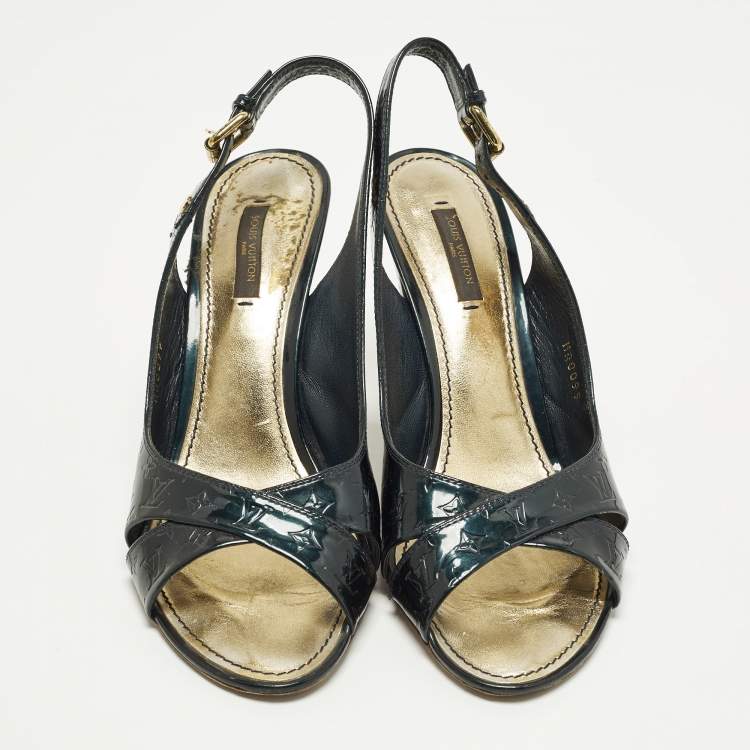 Pre Owned Louis Vuitton Vernis Size 39 Dark Green Monogram Patent Leather Slingback Pumps