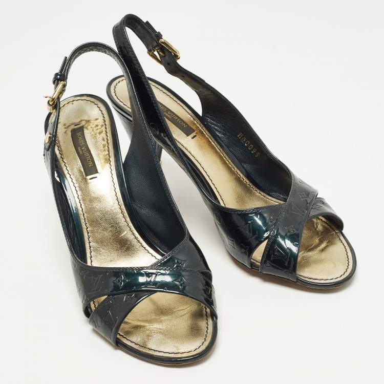 Pre Owned Louis Vuitton Vernis Size 39 Dark Green Monogram Patent Leather Slingback Pumps