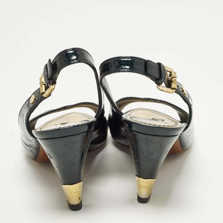 Pre Owned Louis Vuitton Vernis Size 39 Dark Green Monogram Patent Leather Slingback Pumps